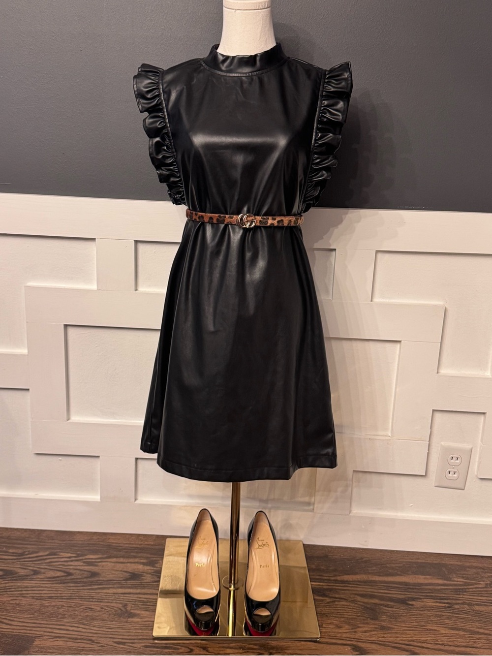 Faux Leather ruffle sleeve Mini Dress - Black